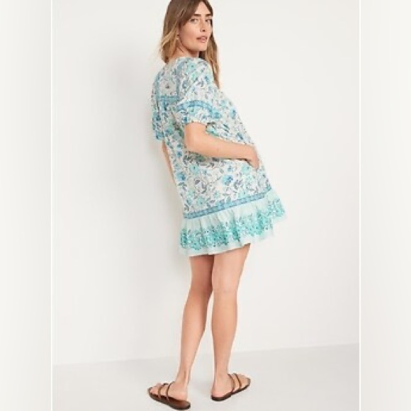 Puff-Sleeve Mini Swing Dress Boho Floral Mumu Pockets Cotton Old Navy Blue Sz L - Picture 2 of 8